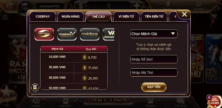 Hướng dẫn nạp tiền Sunwin