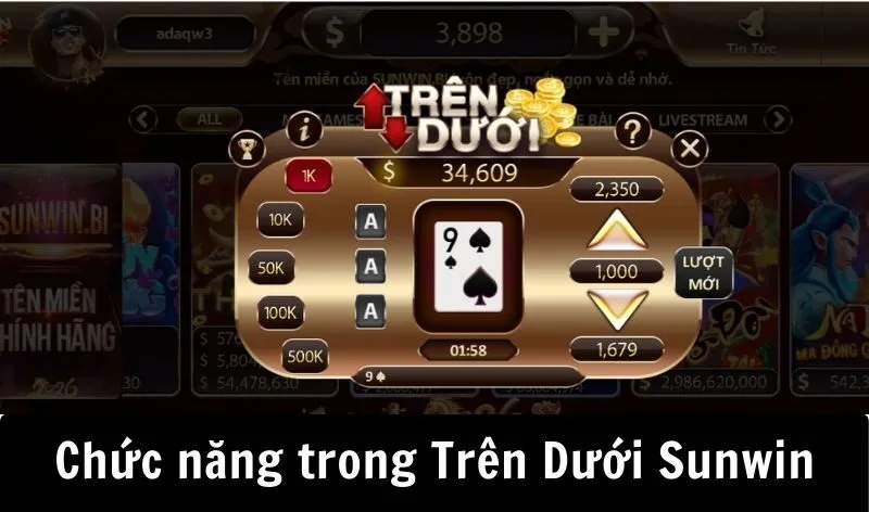 Các nút chức năng trong game Trên Dưới Sunwin